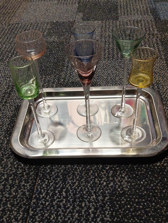 Other - vintage multi-colored cordial or liqueur glasses with Silver Tray